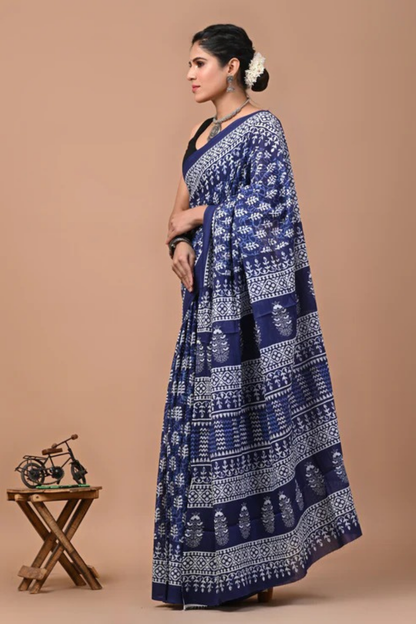 Blue Cotton Mulmul Saree for Women | Hand Block Printed Saree | White Ethnic Print & Artisan Pallu | Lightweight Daily Wear Saree