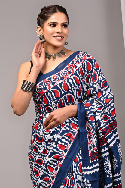 Blue Cotton Mulmul Saree for Women | Hand Block Printed Saree | Red & White Ethnic Print |   Designer Pallu | Lightweight Daily Wear Saree