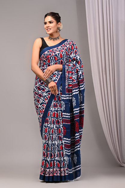 Blue Cotton Mulmul Saree for Women | Hand Block Printed Saree | Red & White Ethnic Print |   Designer Pallu | Lightweight Daily Wear Saree