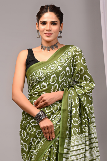 Olive Green Cotton Mulmul Saree for Women | Hand Block Printed Saree | White Abstract Pattern | Designer Lining Pallu | Lightweight Ethnic Saree