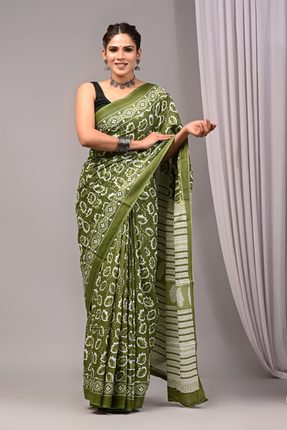 Olive Green Cotton Mulmul Saree for Women | Hand Block Printed Saree | White Abstract Pattern | Designer Lining Pallu | Lightweight Ethnic Saree