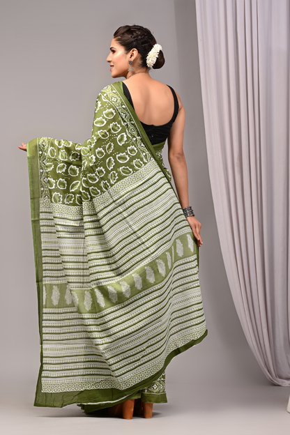 Olive Green Cotton Mulmul Saree for Women | Hand Block Printed Saree | White Abstract Pattern | Designer Lining Pallu | Lightweight Ethnic Saree