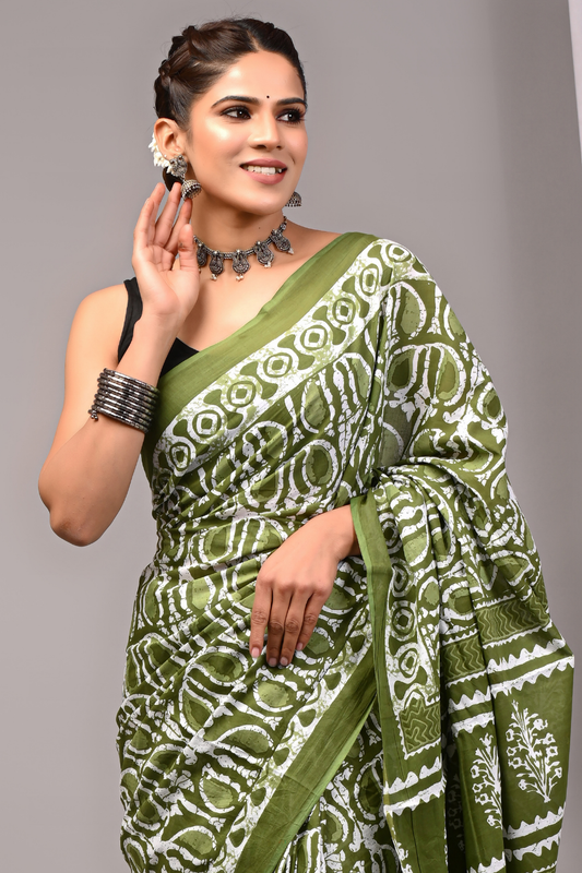 Olive Green Cotton Mulmul Saree for Women | Hand Block Printed Saree | Random Abstract Pattern | Olive & White Designer Pallu | Lightweight Ethnic Saree