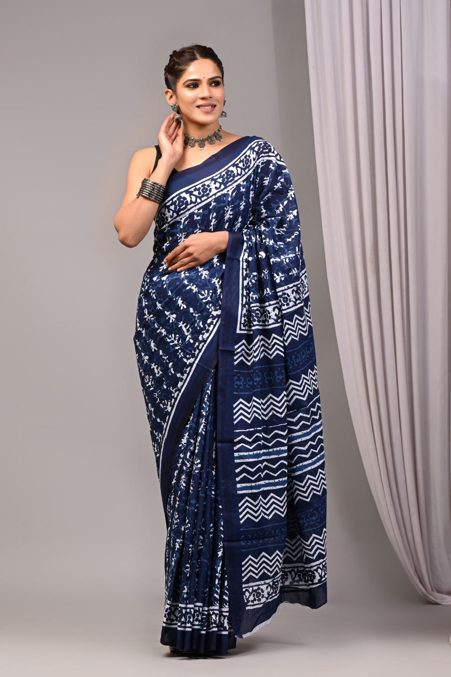 Blue Cotton Mulmul Saree for Women | Hand Block Printed Saree | Artisan Motifs & Geometric Pallu | Lightweight Ethnic Daily Wear Saree