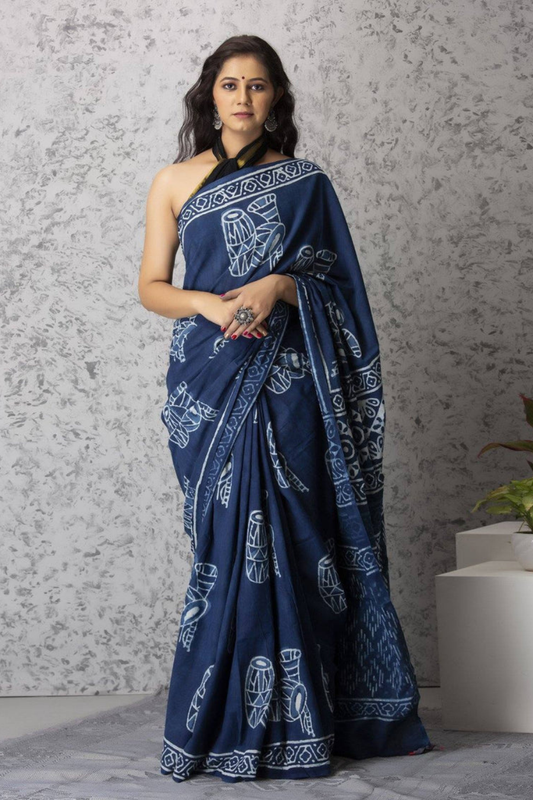 Indigo Blue Artisan Print Cotton Mulmul Saree | White Tribal Designer Pallu