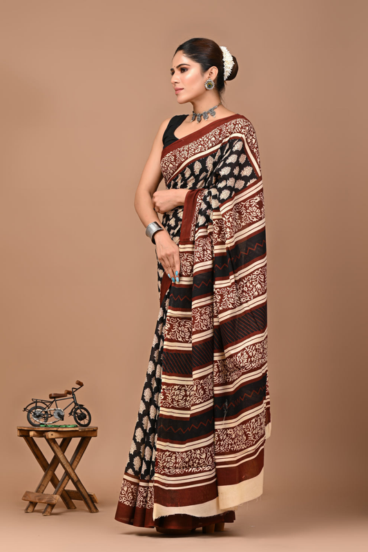 Black & Maroon Ethnic Print Cotton Mulmul Saree | Traditional Designer Pallu