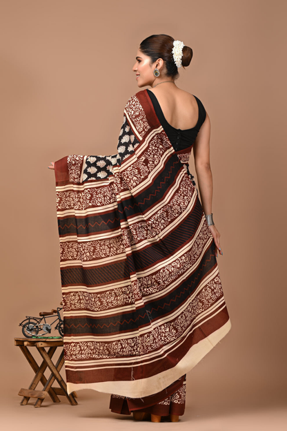Black & Maroon Ethnic Print Cotton Mulmul Saree | Traditional Designer Pallu