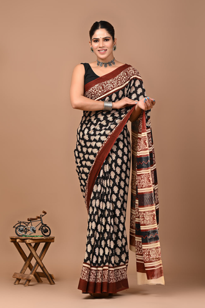 Black & Maroon Ethnic Print Cotton Mulmul Saree | Traditional Designer Pallu