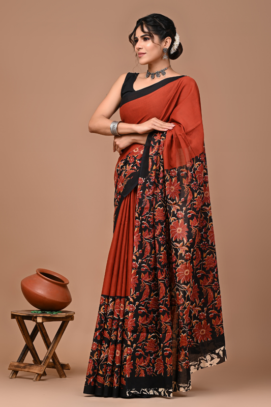 Rust Orange Floral Print Cotton Mulmul Saree | Elegant Designer Pallu