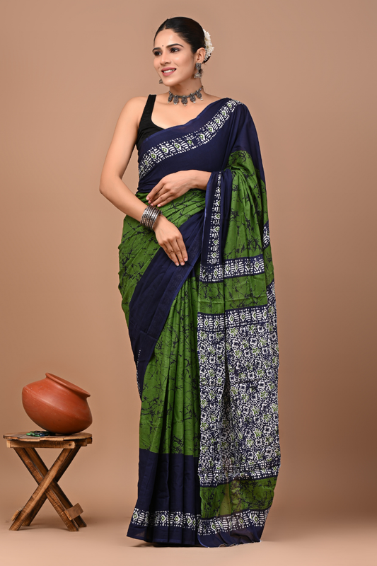 Elegant Green & Navy Blue Printed Cotton Saree with Ethnic Border Design