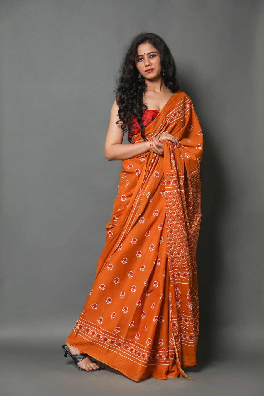 Brown Hand Block Printed Cotton Mulmul Saree | Red, White & Black Print | Soft Lightweight Ethnic Wear