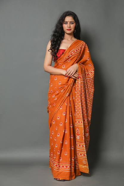 Brown Hand Block Printed Cotton Mulmul Saree | Red, White & Black Print | Soft Lightweight Ethnic Wear