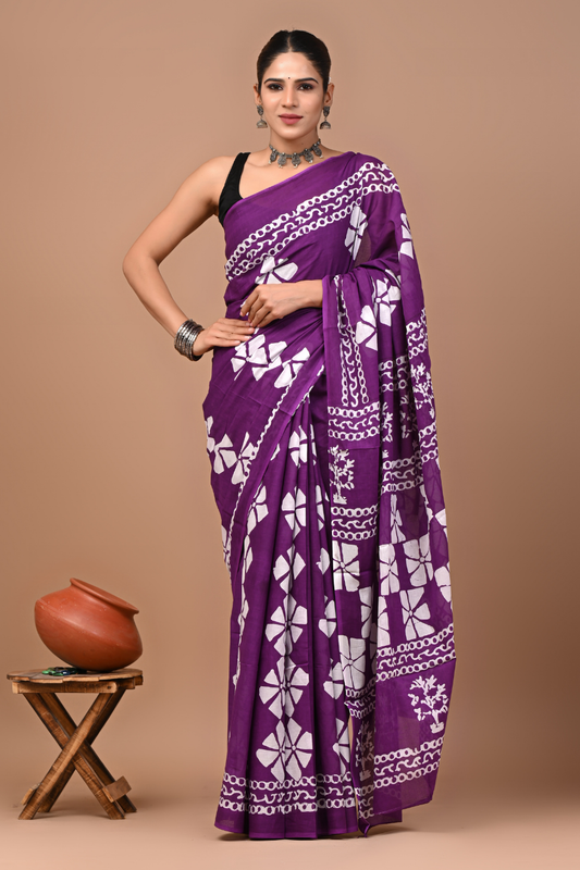 Purple Batik Printed Cotton Saree with Traditional White Ethnic Motifs