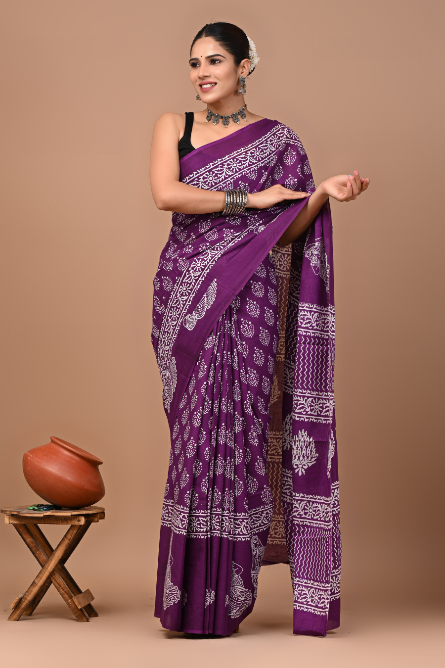 Royal Purple Cotton Mulmul Saree with White Ethnic Print & Designer Pallu