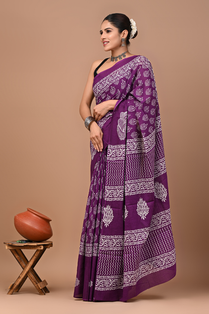 Royal Purple Cotton Mulmul Saree with White Ethnic Print & Designer Pallu