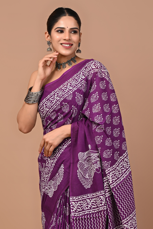 Royal Purple Cotton Mulmul Saree with White Ethnic Print & Designer Pallu