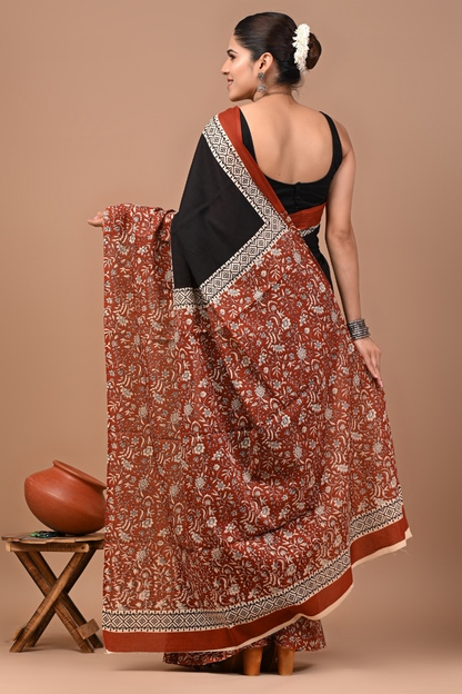 Black Cotton Mulmul Saree with Bronze Designer Pallu & White Artistic Border