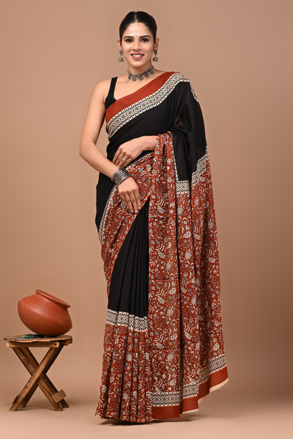 Black Cotton Mulmul Saree with Bronze Designer Pallu & White Artistic Border