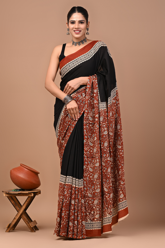 Black Cotton Mulmul Saree with Bronze Designer Pallu & White Artistic Border