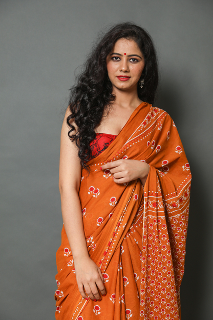 Brown Hand Block Printed Cotton Mulmul Saree | Red, White & Black Print | Soft Lightweight Ethnic Wear