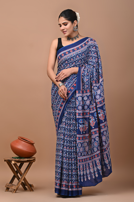 Artistic Blue Cotton Mulmul Saree with Multicolor Abstract Print & Designer Pallu