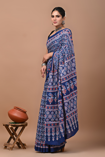 Artistic Blue Cotton Mulmul Saree with Multicolor Abstract Print & Designer Pallu