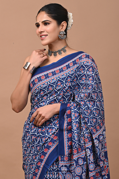 Artistic Blue Cotton Mulmul Saree with Multicolor Abstract Print & Designer Pallu