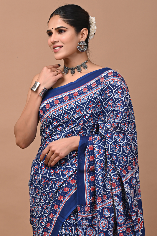 Artistic Blue Cotton Mulmul Saree with Multicolor Abstract Print & Designer Pallu