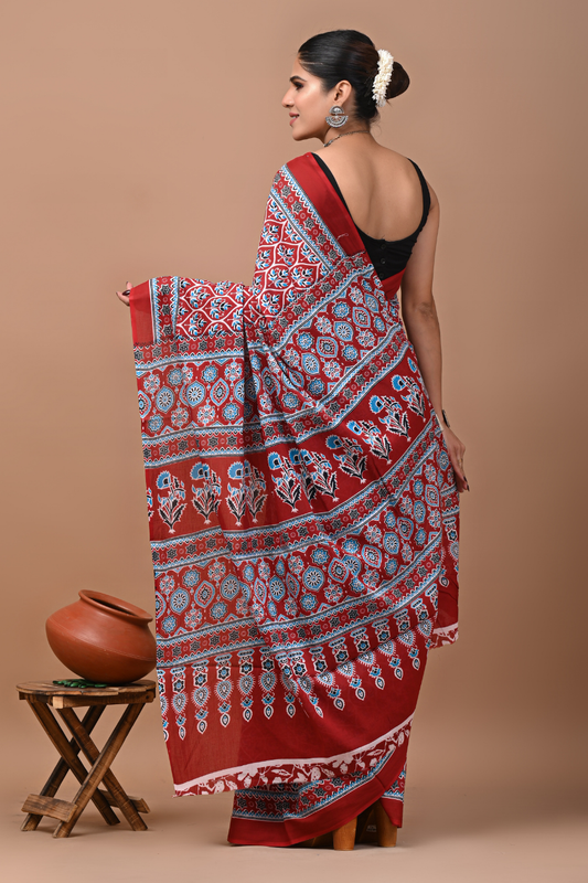 Cotton Mulmul Saree with White, Red & Light Blue Artistic Print