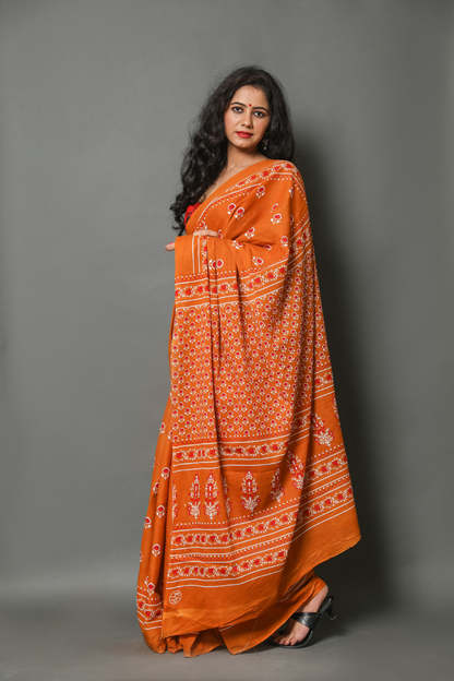 Brown Hand Block Printed Cotton Mulmul Saree | Red, White & Black Print | Soft Lightweight Ethnic Wear