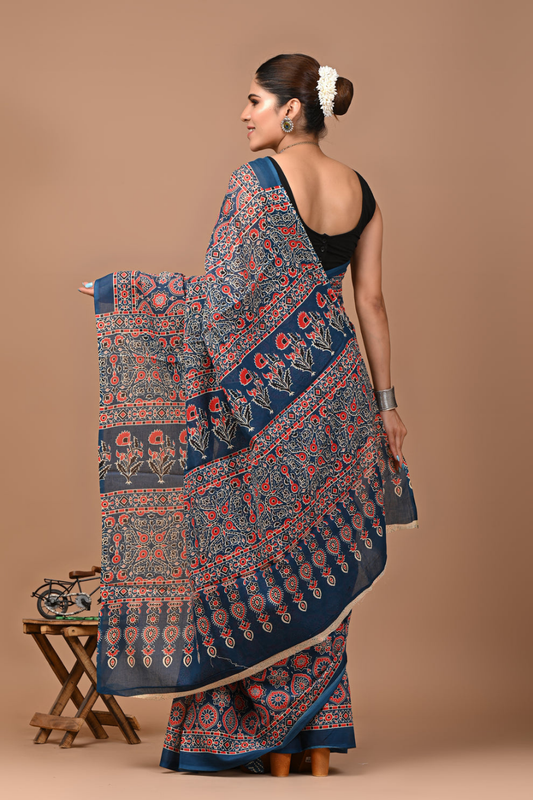 Diesel Grey Hand Block Printed Cotton Mulmul Saree | Red & White Print | Soft Lightweight Ethnic Wear
