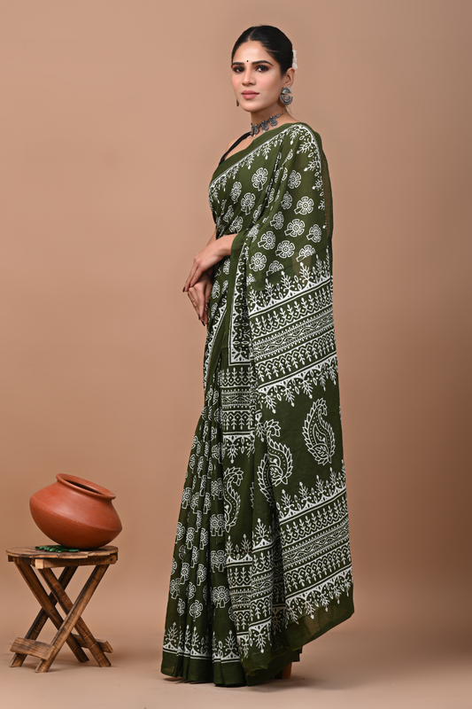 Forest Green Cotton Mulmul Saree with White Floral Print & Statement Pallu