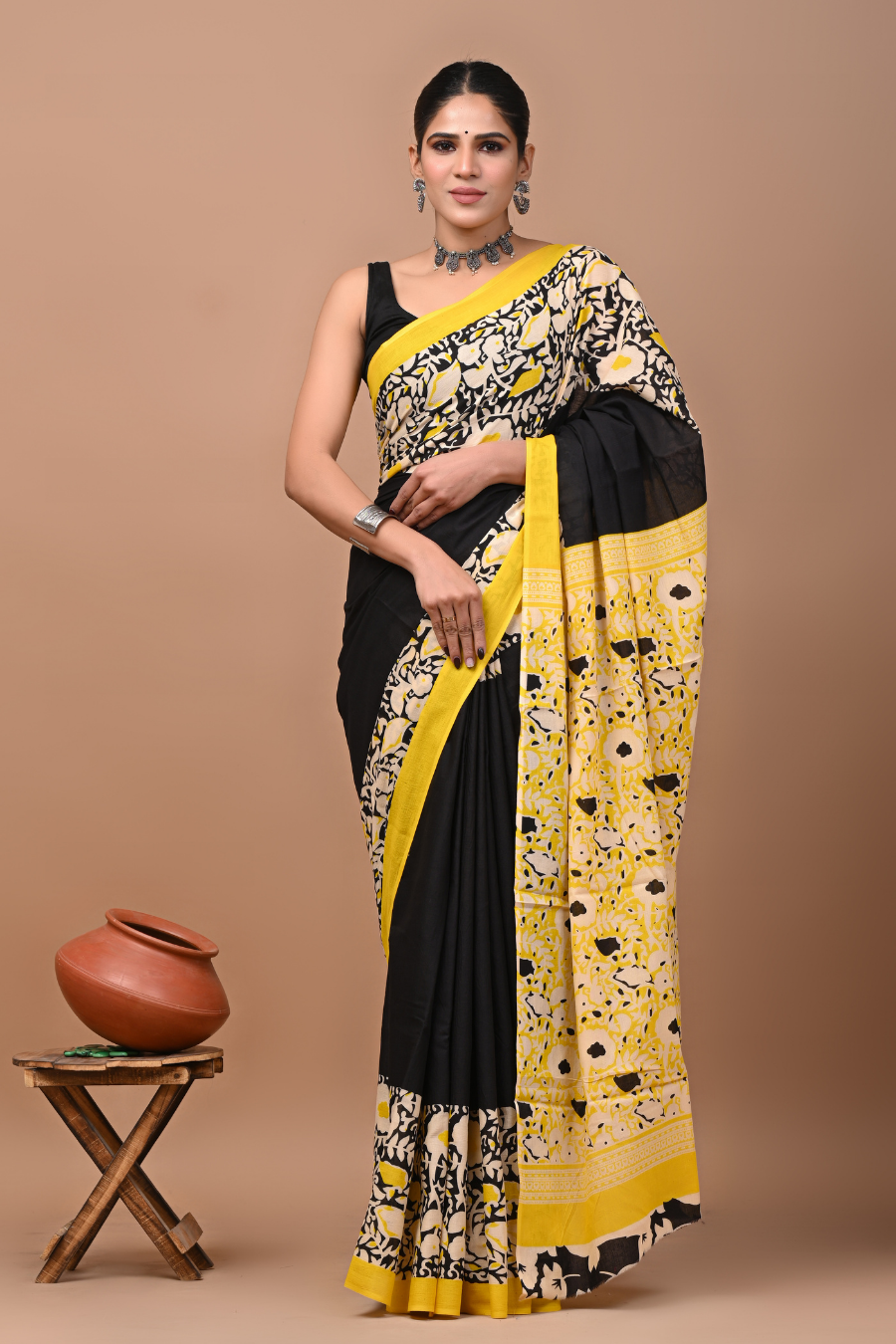 Black Cotton Mulmul Saree with Yellow Artistic Border & Designer Printed Pallu