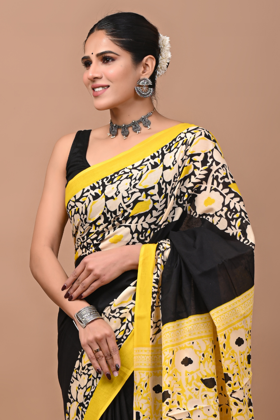 Black Cotton Mulmul Saree with Yellow Artistic Border & Designer Printed Pallu