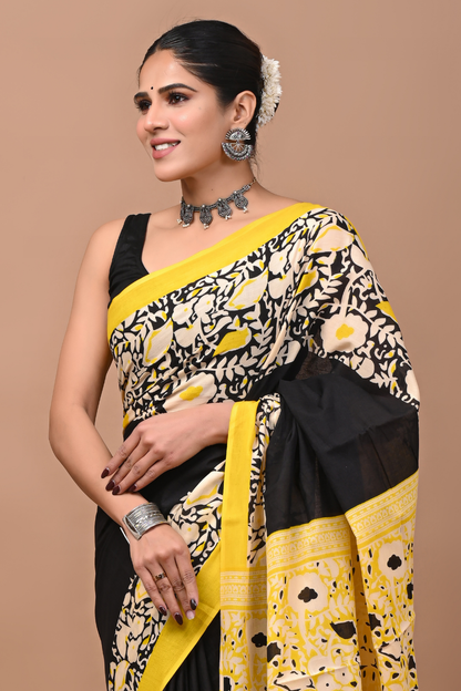 Black Cotton Mulmul Saree with Yellow Artistic Border & Designer Printed Pallu