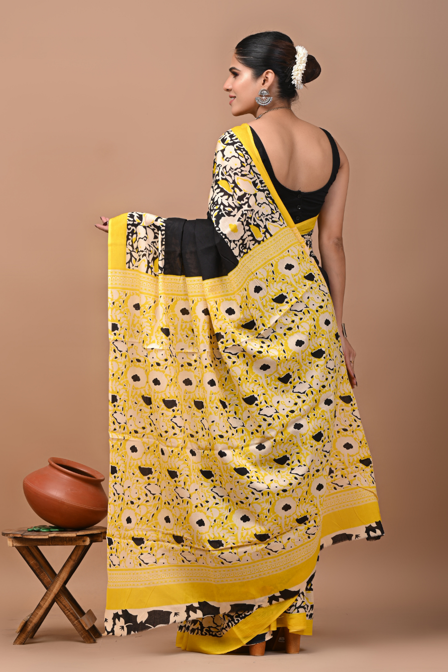Black Cotton Mulmul Saree with Yellow Artistic Border & Designer Printed Pallu