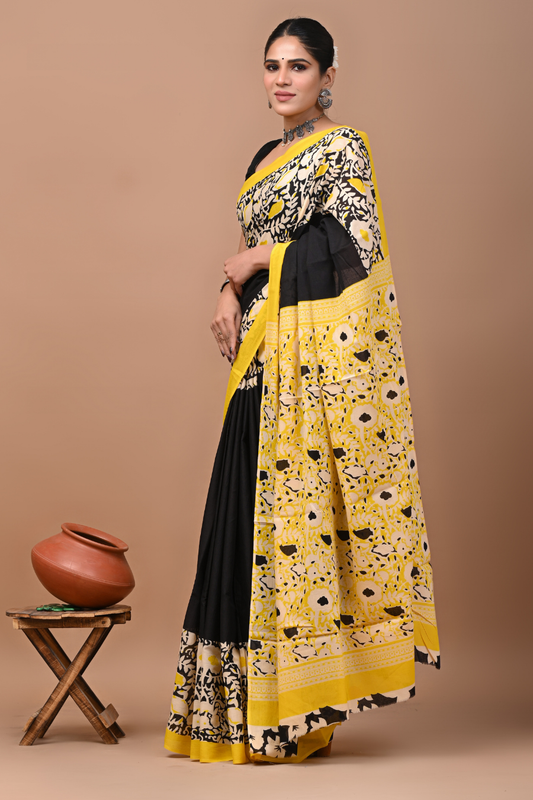 Black Cotton Mulmul Saree with Yellow Artistic Border & Designer Printed Pallu