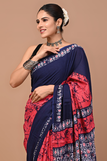 Navy Blue & Pink Tie-Dye Printed Saree with White Artistic Pallu Design