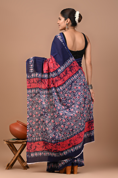 Navy Blue & Pink Tie-Dye Printed Saree with White Artistic Pallu Design