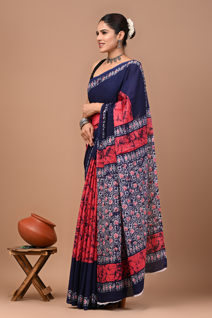 Navy Blue & Pink Tie-Dye Printed Saree with White Artistic Pallu Design