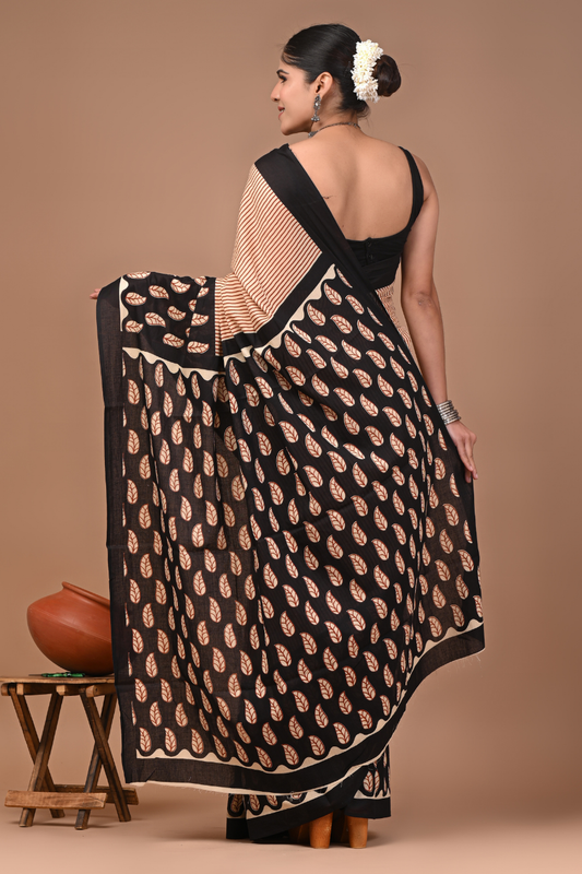 Peach Cotton Mulmul Saree with Red Stripes & Black Leafy Designer Pallu