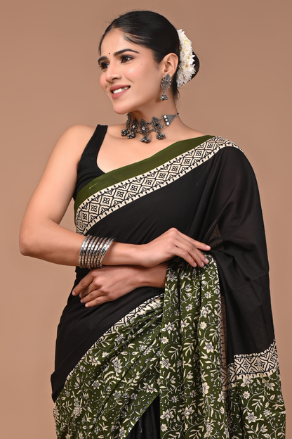 Black Cotton Mulmul Saree with Forest Green Artistic Border & Designer Pallu