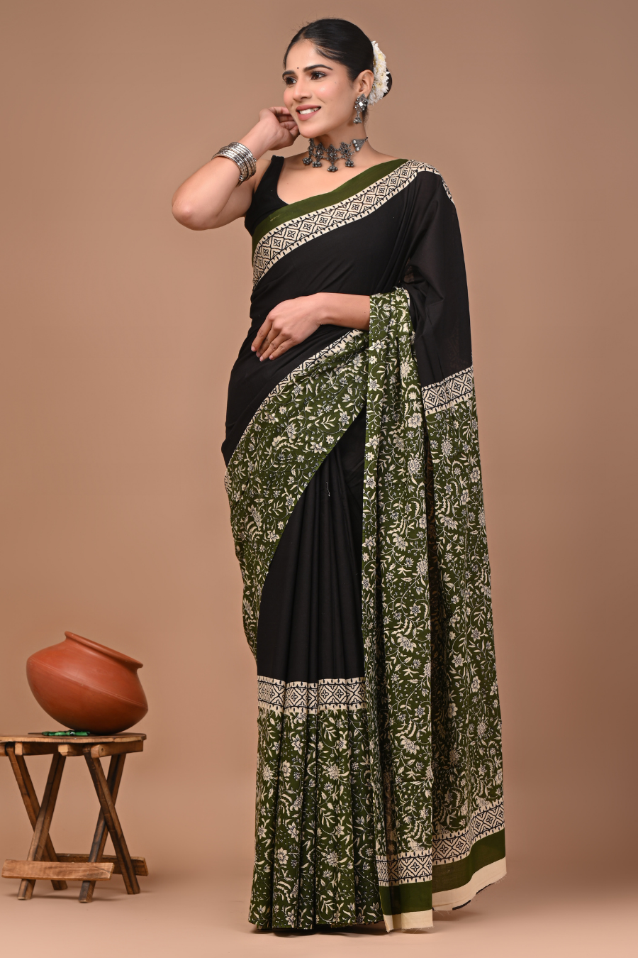 Black Cotton Mulmul Saree with Forest Green Artistic Border & Designer Pallu