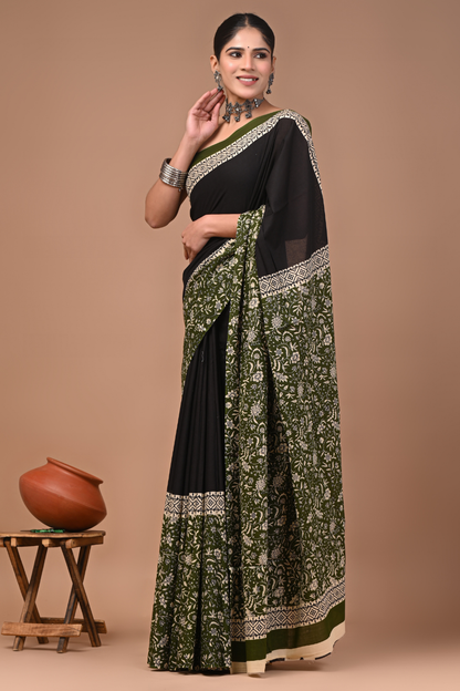 Black Cotton Mulmul Saree with Forest Green Artistic Border & Designer Pallu