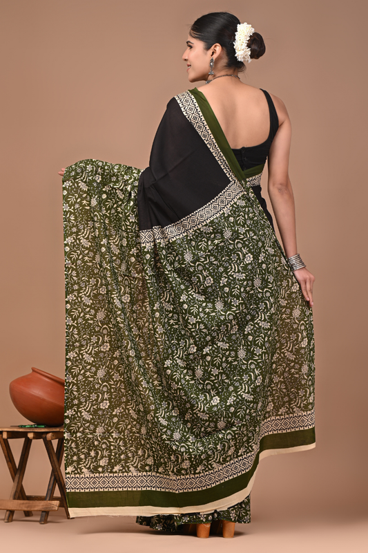 Black Cotton Mulmul Saree with Forest Green Artistic Border & Designer Pallu