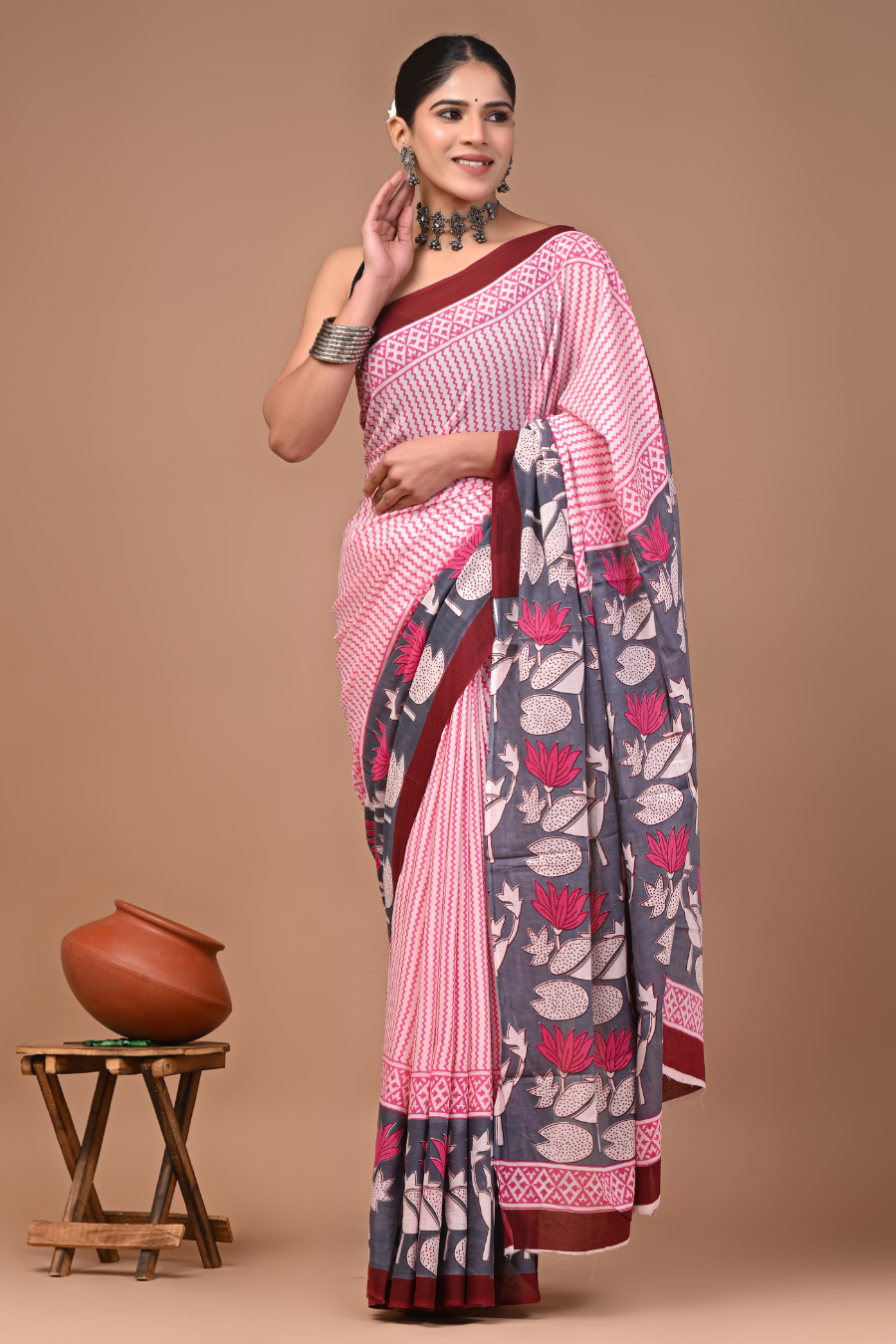 Pink Cotton Mulmul Saree with Red Striped Pattern & Maroon Grey Floral Border