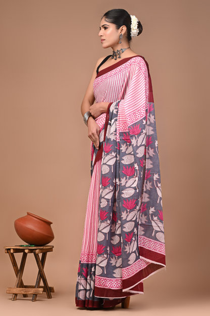Pink Cotton Mulmul Saree with Red Striped Pattern & Maroon Grey Floral Border