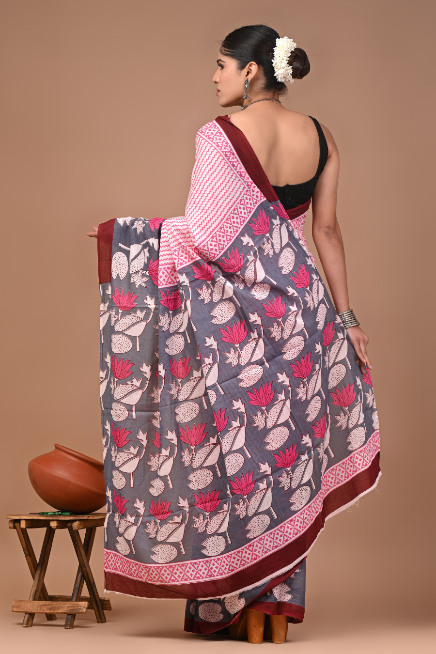 Pink Cotton Mulmul Saree with Red Striped Pattern & Maroon Grey Floral Border