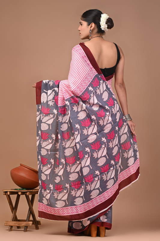 Pink Cotton Mulmul Saree with Red Striped Pattern & Maroon Grey Floral Border