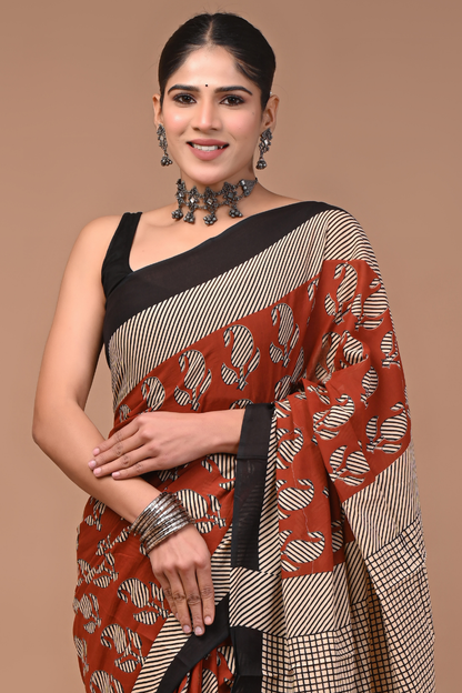 Black Cotton Mulmul Saree with Peach Striped Pattern & Elegant Black Border